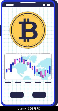 Bitcoin and trading chart on smartphone screen 2D cartoon object Stock Vector