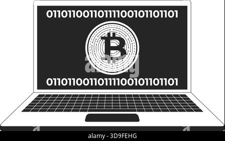 Bitcoin symbol on laptop screen with binary code 2D line object Stock Vector