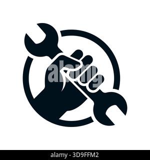 Hand and wrench icon. Showing repair strength and technical support. Vector isolated illustration Stock Vector