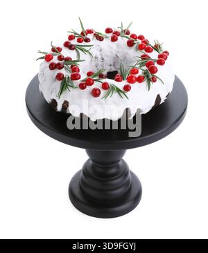 Tasty Christmas cake with cranberries and rosemary isolated on white Stock Photo