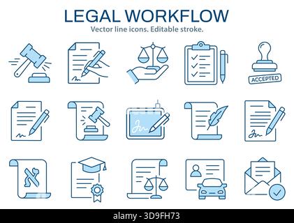 Legal workflow icons, such as document, contract, verification, signature, protection, and certification and more. Vector illustration isolated on Stock Vector