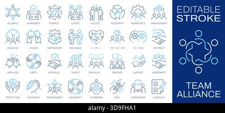 Team alliance outline icons bundle, cooperation concept. Partnership, agreement, support, management, and contract signs. Stock Vector