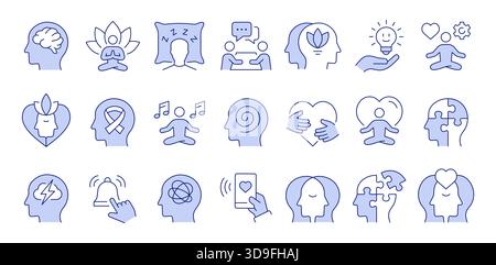 Set of simple icons related to self-care, meditation, therapy, and relief. Editable Stroke. Stock Vector