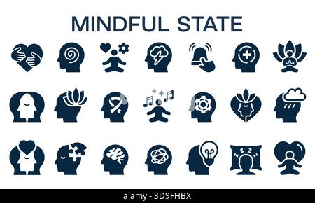 Mindful state icons set. Awareness, meditation, calmness, therapy, and relaxation silhouette signs. Stock Vector