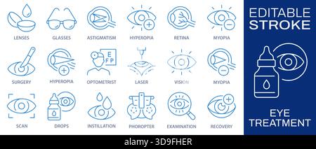 Minimalist eye treatment icons. Representing vision care, correction, and ophthalmology procedures. Editable Stroke. Stock Vector