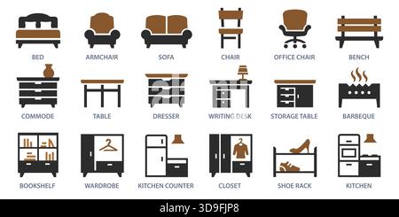 Furniture icon set. Collection of sofa, kitchen, chair, dresser and more. Vector illustration. Easily changes to any color. Stock Vector