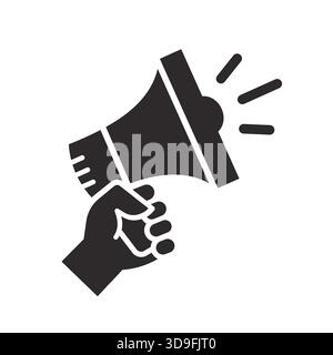 Graphic icon of a hand holding a megaphone, symbolizing announcement, communication, or alert. Vector illustration. Stock Vector