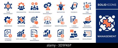 Management icon set. Collection of growth chart, teamwork, data analysis and more. Vector illustration. Easily changes to any color. Stock Vector