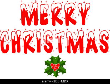 Merry Christmas vector Text Design with Snow Effect and Holly Decoration Vector Stock Vector