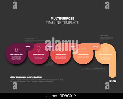 Modern multipurpose timeline infographic template with five steps and colorful circles on dark background. Timeline infographic template is ideal for Stock Vector