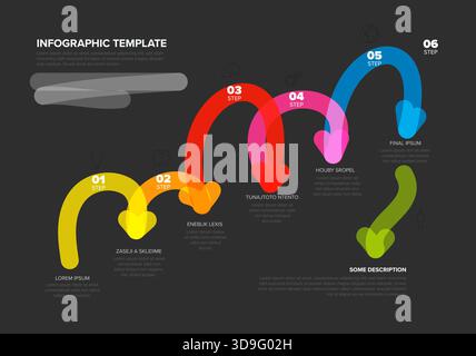 A vibrant infographic template showcases a multi-step process using dynamic, wavy, multicolored arrows. This infographic template is perfect for illus Stock Vector