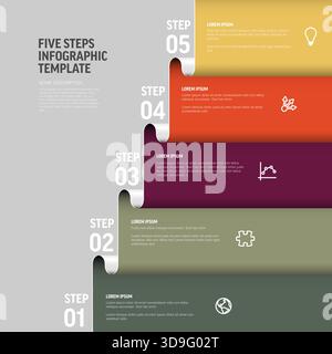 A dynamic five steps infographic template with colorful, layered steps. This infographic template is perfect for presenting progressive information in Stock Vector
