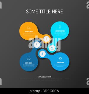 An abstract infographic design template features four numbered steps or options connected by rounded shapes in vibrant orange and blue colors on a dar Stock Vector