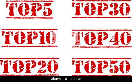 Top Ranking vector Numbers Rubber Stamp Vector Set | Grunge Top 5 10 20 30 40 50 Stock Vector