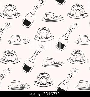 Desserts like cheesecake and fluffy cakes are displayed on plates alongside champagne bottles. The black and white design gives a playful vibe, perfec Stock Vector