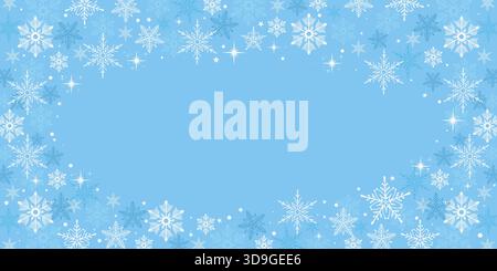 Winter Snowflake Frame With White Ice Crystals. Elegant Christmas border with shimmering stars, delicate icy ornaments, and soft seasonal elements Stock Vector