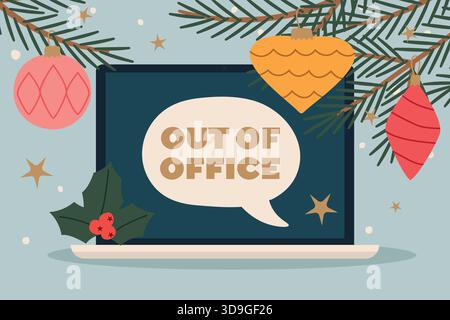 auto responder out of office written on a laptop screen; winter, christmas vacation concept - vector illustration Stock Vector