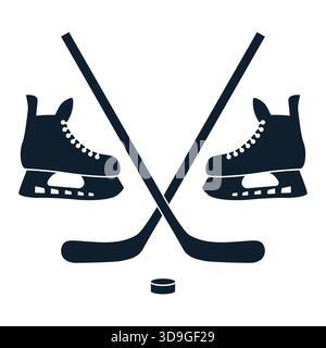 hockey sticks, skates and rubber puck black icons set- vector illustration Stock Vector