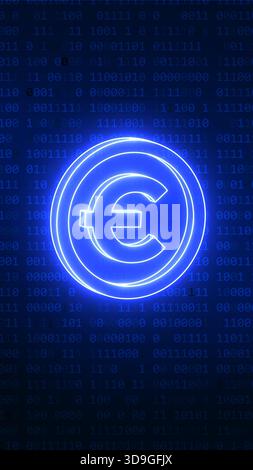 Glowing neon euro symbol representing digital finance, blockchain technology, and virtual money on a binary data background Stock Photo