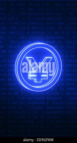 Yen or yuan currency symbol glowing with neon light standing on a background of abstract blue binary code data Stock Photo