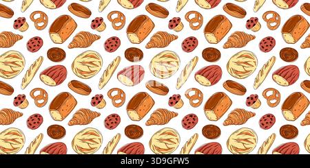 Seamless pattern of baked good, bread, pastry, cookie and pretzel on a white background. Design for bakery wallpaper. Stock Vector