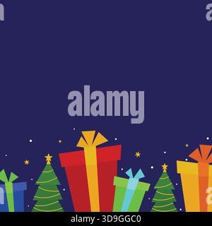 Christmas themed background illustration with colorful wrapped gift boxes and decorated pine trees against dark blue background. Stock Vector