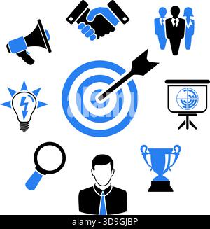 Business Strategy Process Concept and Infographics with two color flat icons like Target, Strategy, Idea, Research, Teamwork and Success. isolated vec Stock Vector