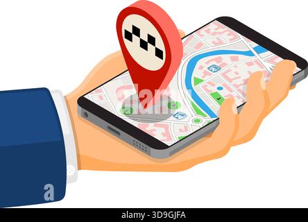 Online Taxi Isometric Concept. Hand with smartphone, taxi car, road and route pin. Online taxi 24/7 service concept. isometric icons. isolated vector Stock Vector
