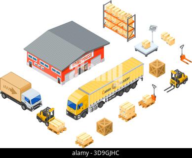 Warehouse, storage, logistics and delivery isometric infographics with storehouse, scales, truck, forklift. Vector illustration Stock Vector