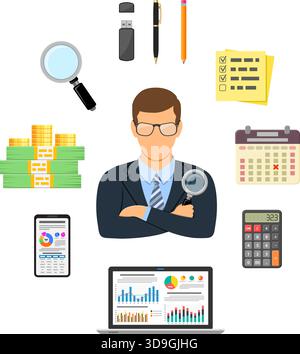 Auditing, Tax, Business Accounting banner and Infographics with flat style icons folder, laptop, charts and stationery. Isolated vector illustration Stock Vector