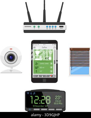 Smart House and internet of things concept. smartphone with router controls smart home like smart plug, security camera, louvers and clock flat icons. Stock Vector