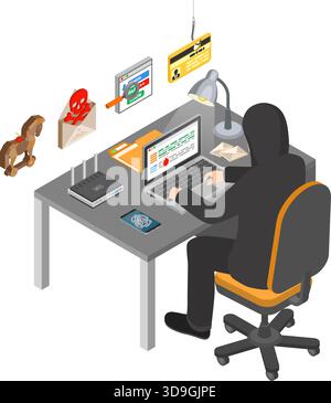 Hacker sitting table and hacking data through Internet on laptop. Internet Security isometric Concept with Flat Icons Hacker, Virus and Spam. Stock Vector