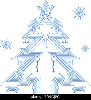 Christmas Tree from circuit board with Digital Snowflake, element for design, vector illustration Stock Vector