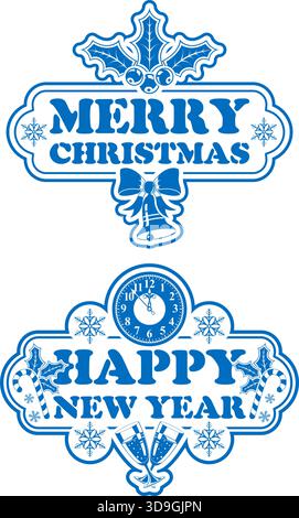 Christmas and New Year Stamp with Bell and Snowflake, Isolated on White Background Stock Vector