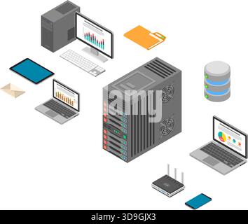Data Network Technology Isometric business concept with network server, computer, laptop, router and tablet icons. Storage and transfer data. Isolated Stock Vector