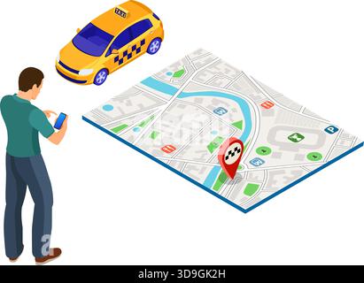 Man orders taxi from smartphone. Online taxi 24/7 service concept with people, car, map and route pin. isometric icons. vector illustration Stock Vector