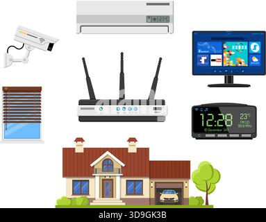 Smart Home and internet of things concept. Smart House controls devices like security cam, lighting, air conditioning, radiator and music center flat Stock Vector