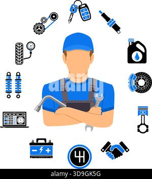 Car Service Concept with flat Icons for Poster, Web Site, Advertising like car mechanic, battery, oil. Isolated vector illustration Stock Vector