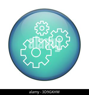 Three gear wheels icon. Settings configuration Vector symbol. Glossy blue button sphere. Mechanism process graphic element. Stock Vector