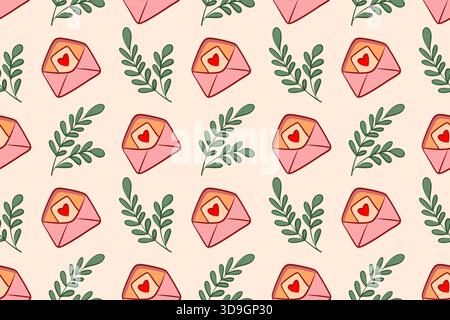 Seamless pattern with cute pink letter. Open envelope with a heart-shaped card. Flat style illustration. Suitable for decorating cards, fabrics, wrapp Stock Vector