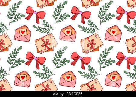 Seamless pattern with a stack of envelopes tied with a pink ribbon and green plant branches. Flat style letter illustration. Suitable for decorating c Stock Vector