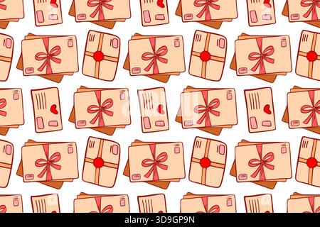 Seamless pattern with stack of envelopes tied with a pink ribbon. Flat style letter illustration. Suitable for decorating cards, fabrics, wrapping pap Stock Vector