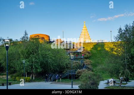 A giant Christmas tree sculpture on the hills of El Calafate, Santa Cruz, Argentina. Stock Photo