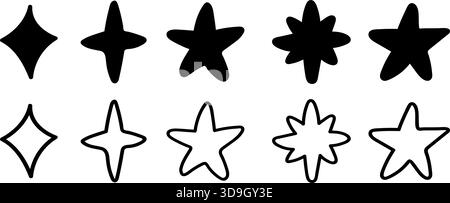 Doodle glitter twinkle star icons set. Stock Vector