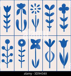 Watercolor gradient blue color flowers, branches ornamental ceramic tile seamless pattern. Floral vector border pattern design. Cute vintage Stock Vector