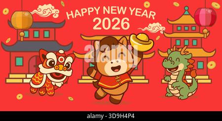 Happy Chinese New Year 2026 illustration with a cute horse mascot, dragon, and lion dance in a festive red background. Perfect for holiday banners. Stock Vector