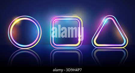 Colorful neon circle, square, and triangle glowing with reflections on dark background. Perfect for futuristic design, banners and ads. Stock Vector