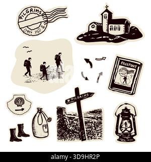 Set of Camino pilgrimage icons in hand drawn vector illustration style, Church, sanctuary, group of pilgrims in silhouette, passport and backpack with Stock Vector