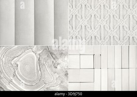 Collage showing different textures of fabric, knitwear, stone coverings, wooden in a fashionable color. Demonstrating the colors of 2026 - Cloud Dancer. Stock Photo