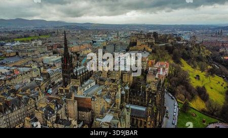 Edinburgh Castle and Historic Old Town Skyline under Dramatic Sky Stock Photo